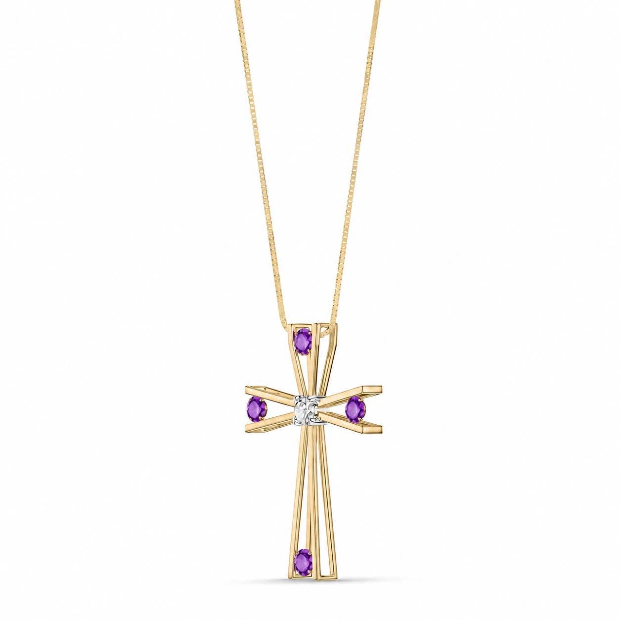 Yellow Gold Abstract Cross Pendant Necklace Amethyst 10K — Silvana