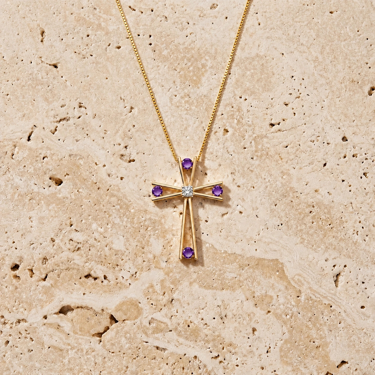 Yellow Gold Abstract Cross Pendant Necklace Amethyst 10K — Silvana