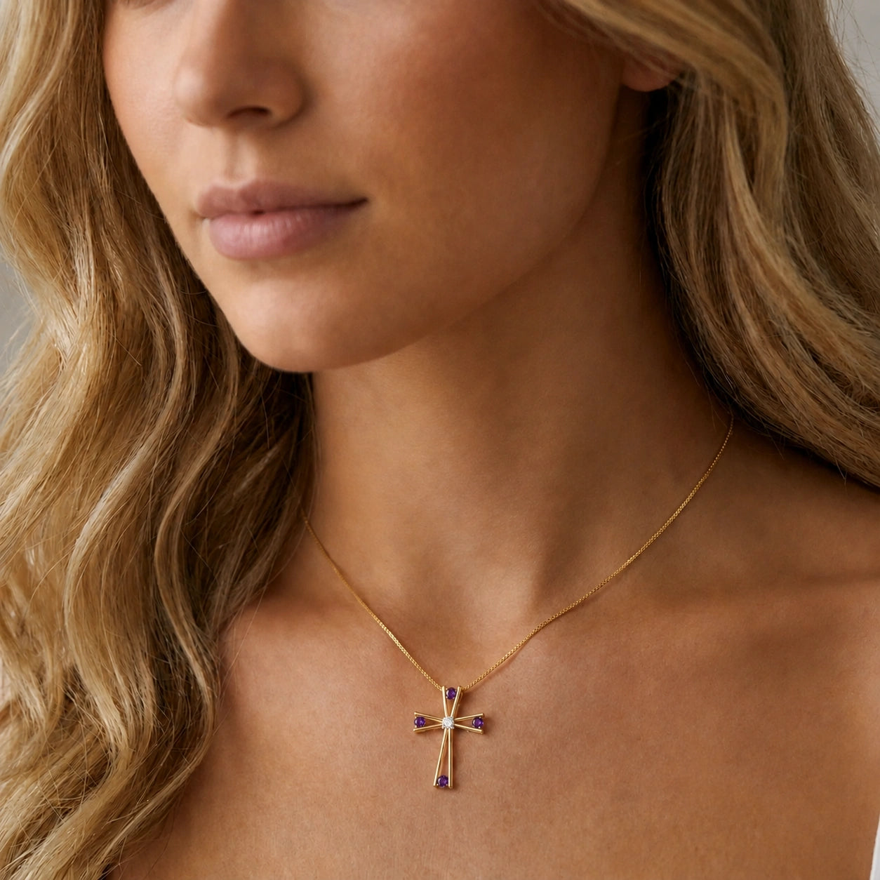 Yellow Gold Abstract Cross Pendant Necklace Amethyst 10K — Silvana