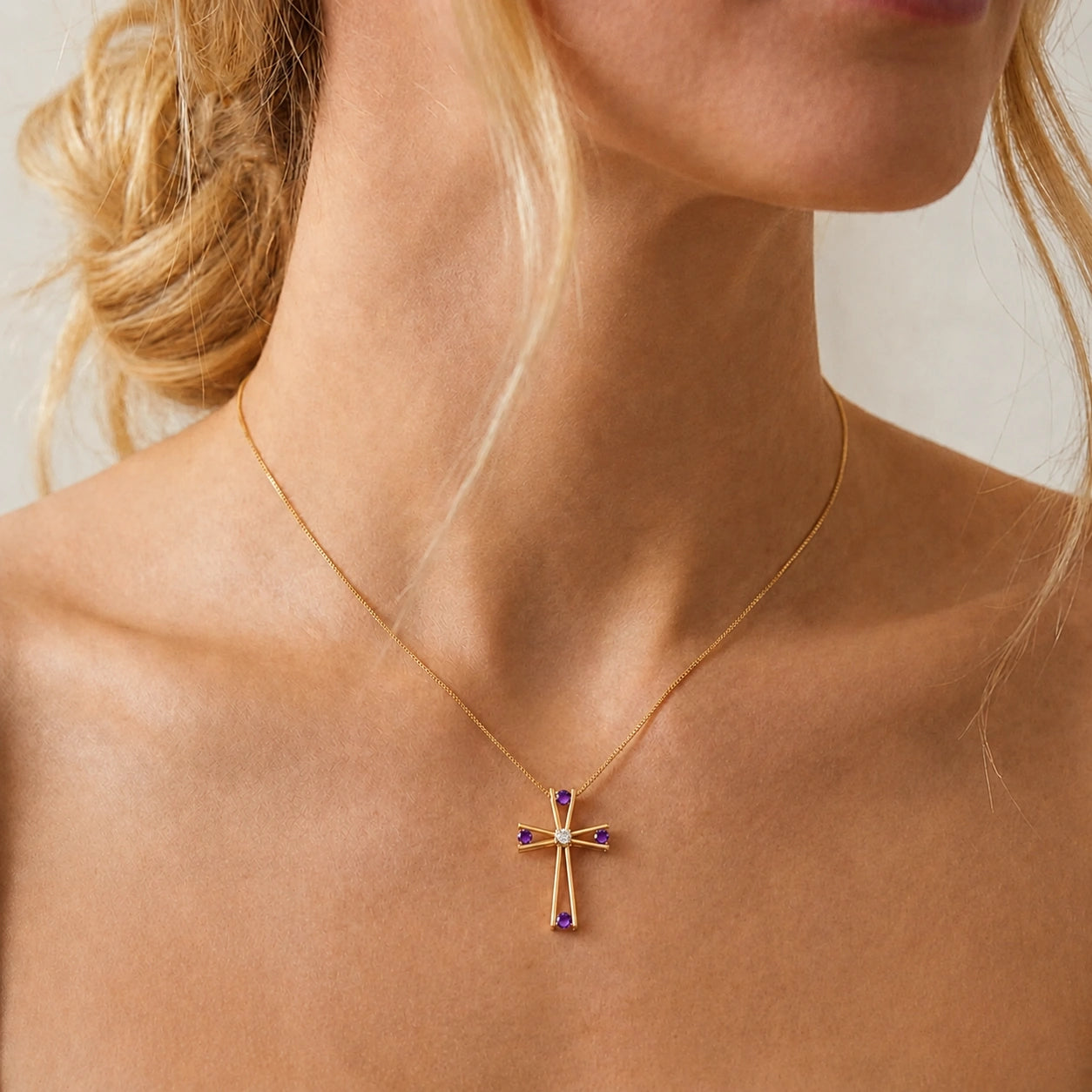Yellow Gold Abstract Cross Pendant Necklace Amethyst 10K — Silvana