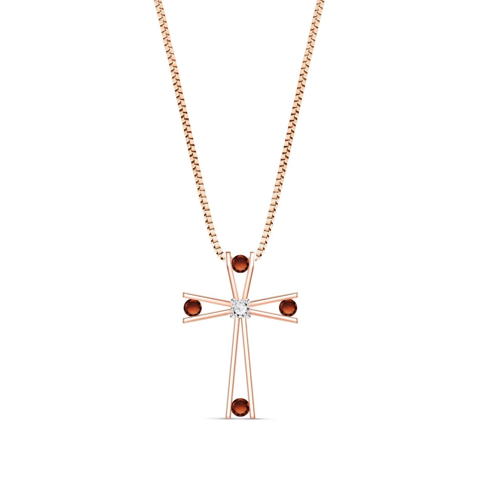 Rose Gold Abstract Cross Pendant Necklace Garnet 10K — Silvana