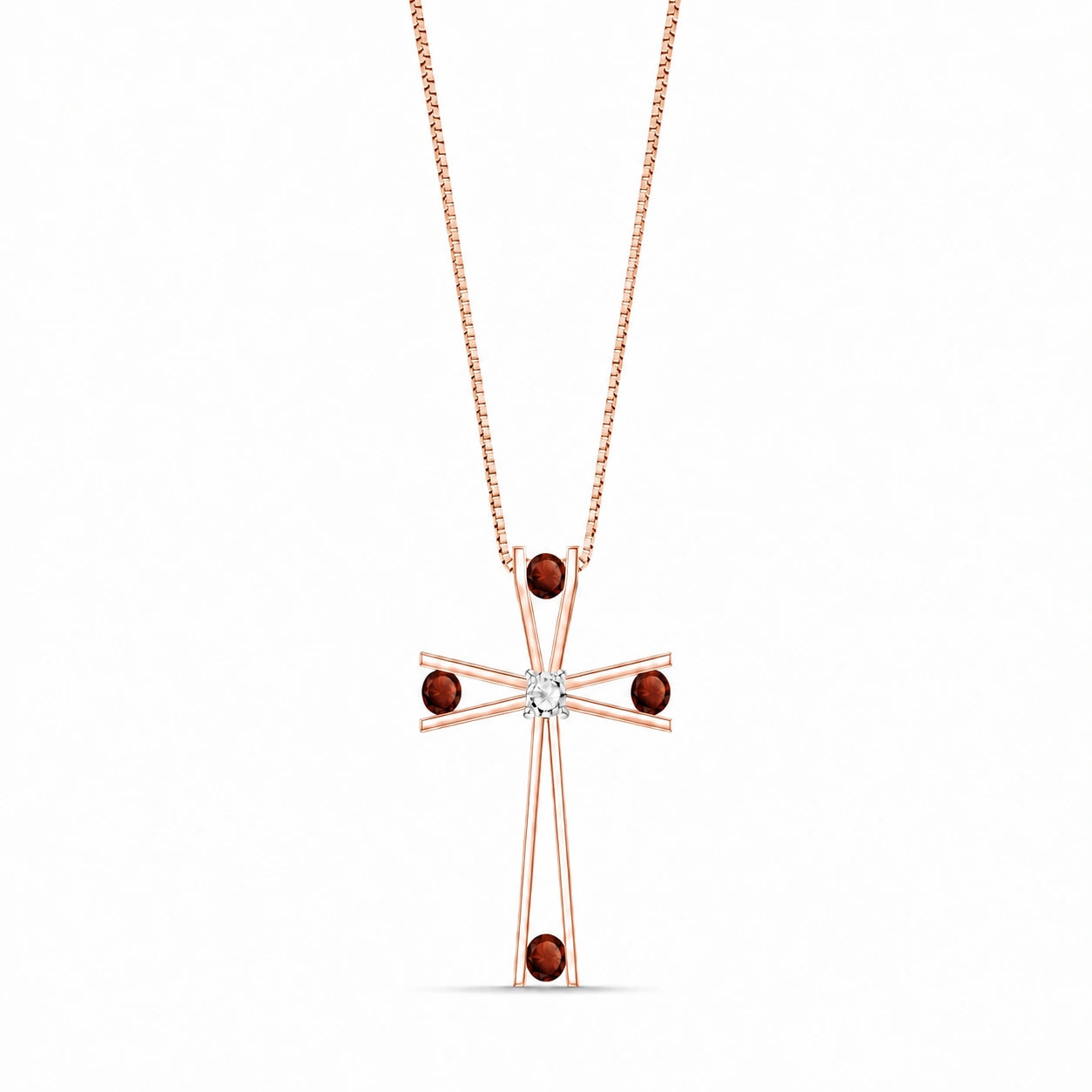 Rose Gold Abstract Cross Pendant Necklace Garnet 10K — Silvana