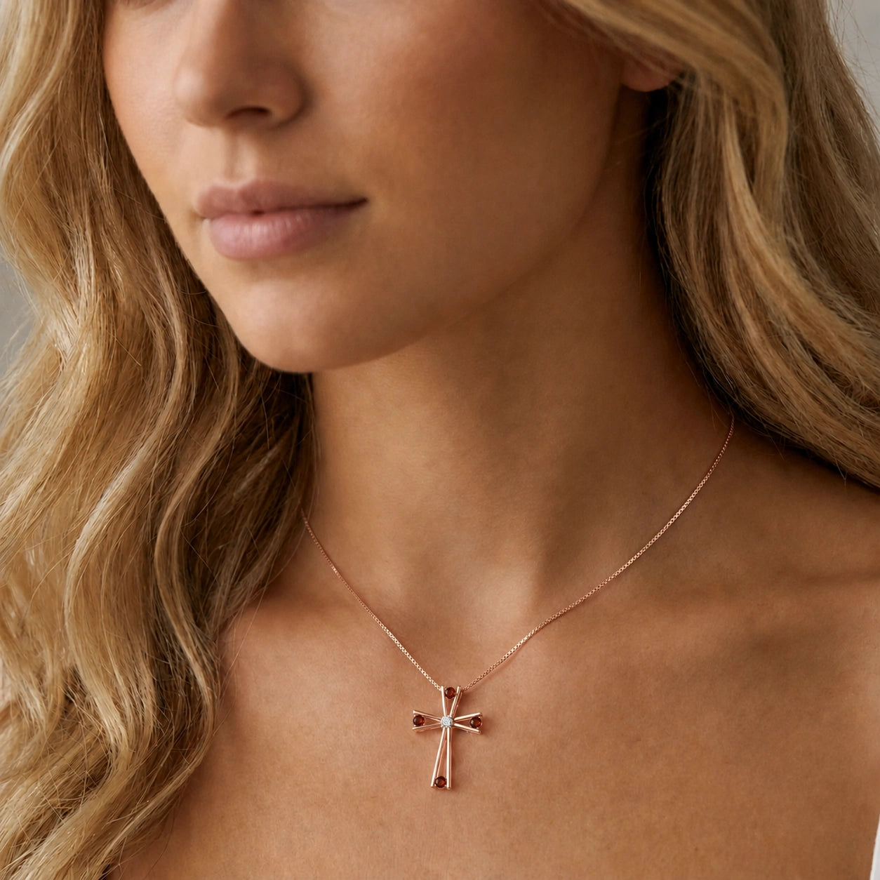 Rose Gold Abstract Cross Pendant Necklace Garnet 10K — Silvana