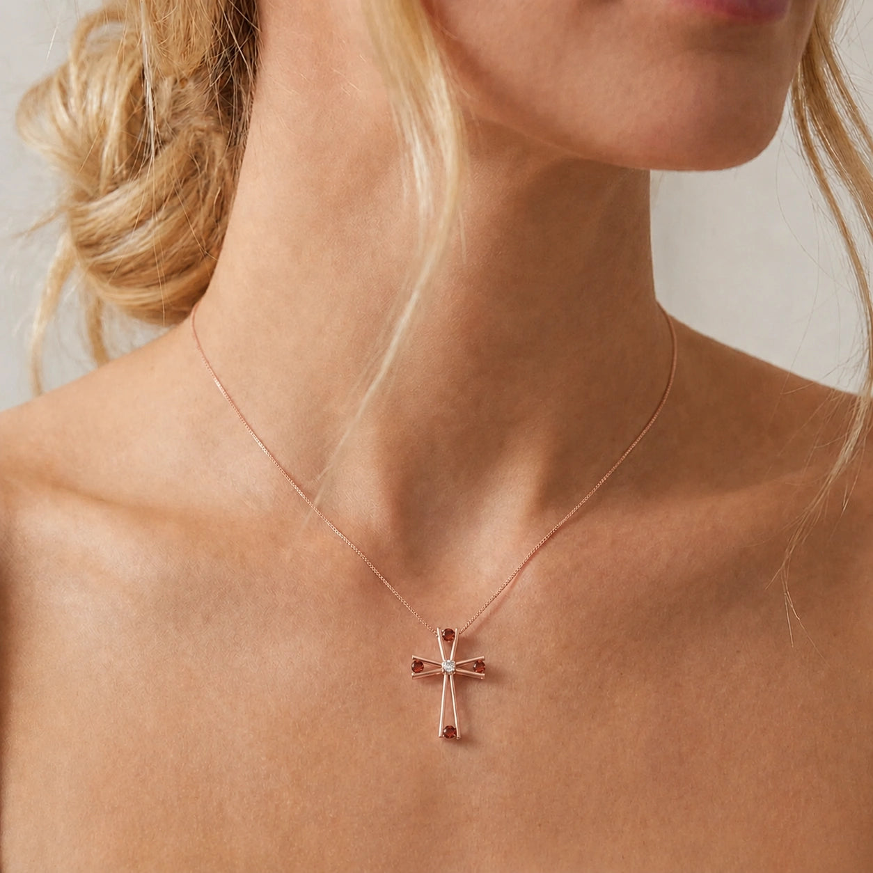 Rose Gold Abstract Cross Pendant Necklace Garnet 10K — Silvana