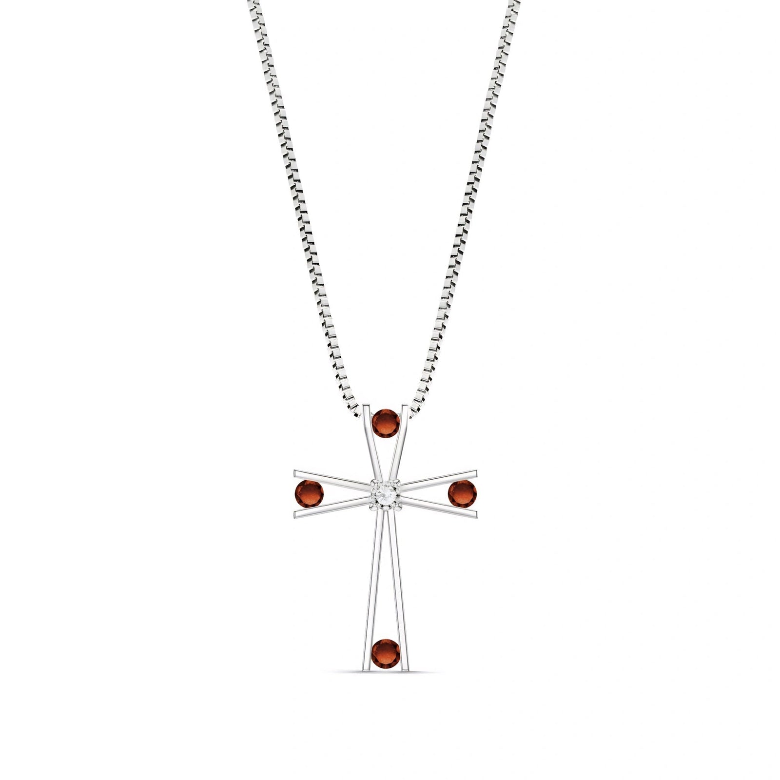 White Gold Abstract Cross Pendant Necklace Garnet 10K — Silvana