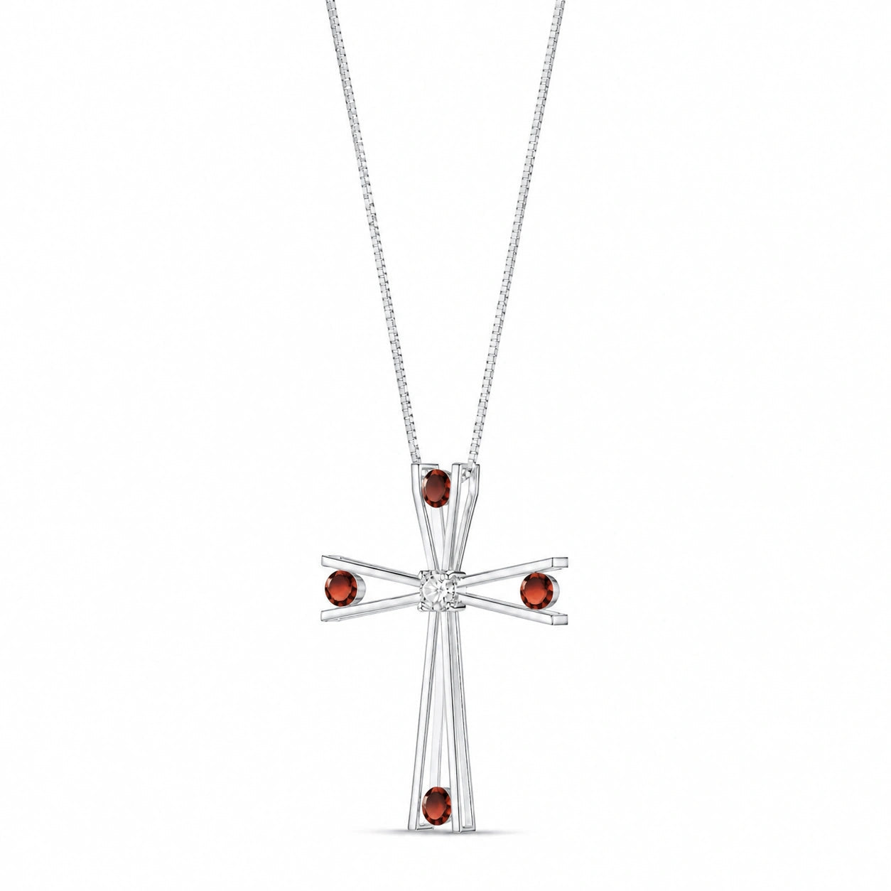 White Gold Abstract Cross Pendant Necklace Garnet 10K — Silvana