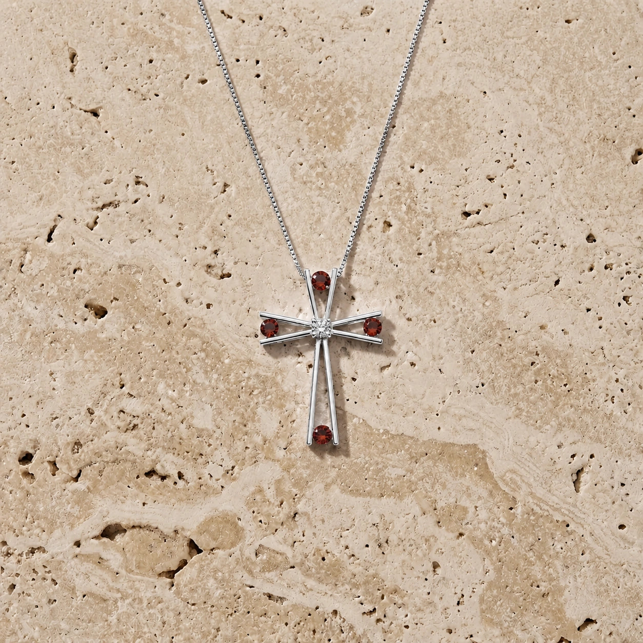 White Gold Abstract Cross Pendant Necklace Garnet 10K — Silvana
