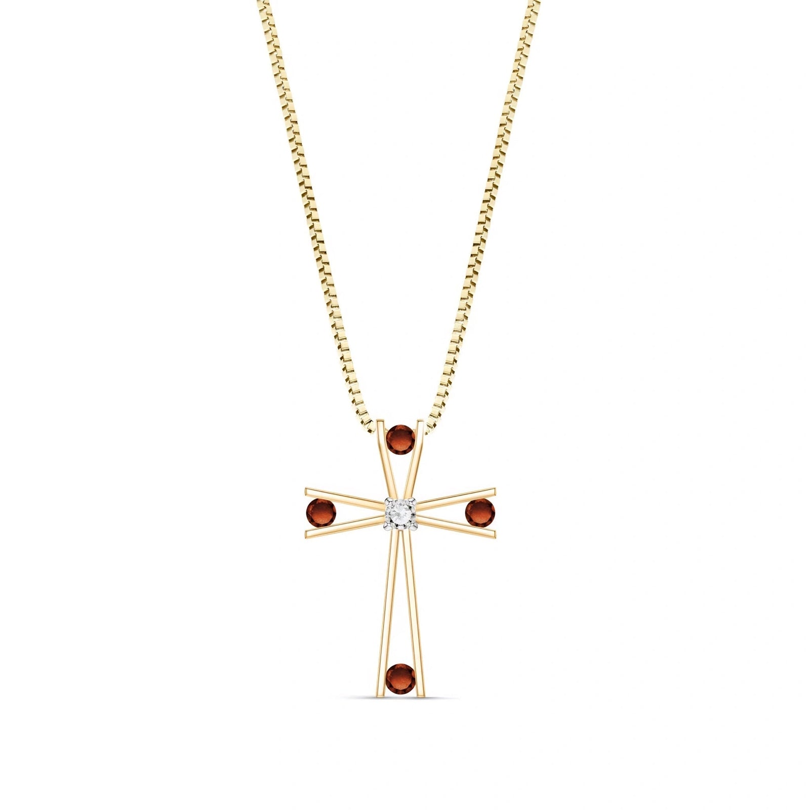 Yellow Gold Abstract Cross Pendant Necklace Garnet 10K — Silvana