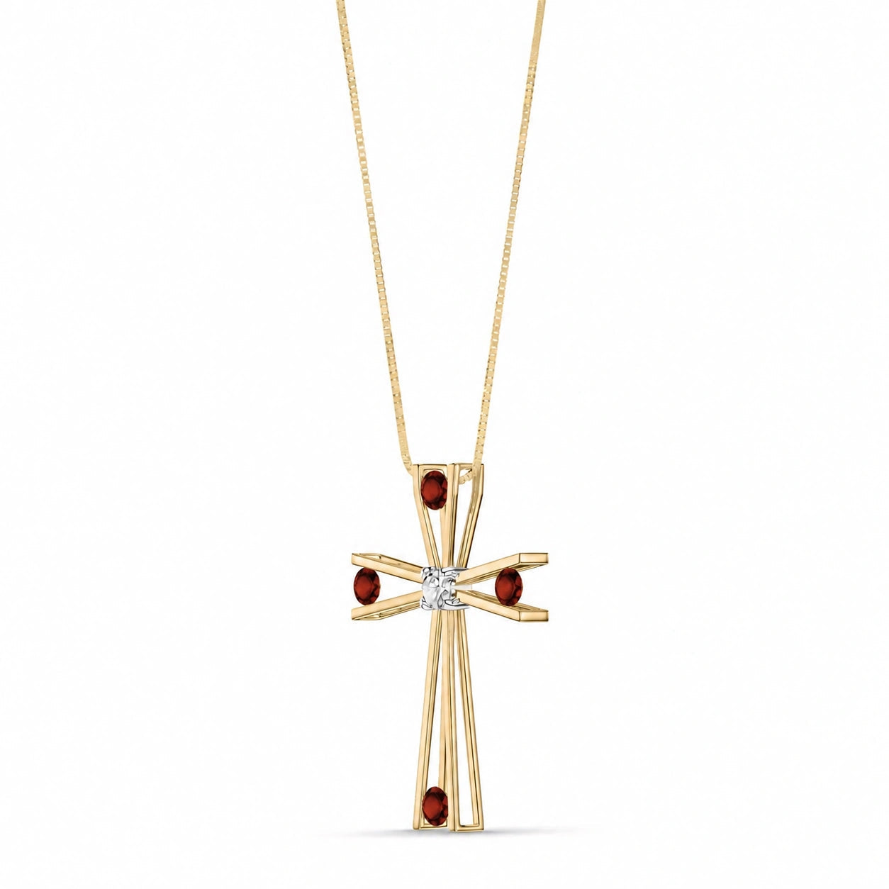 Yellow Gold Abstract Cross Pendant Necklace Garnet 10K — Silvana