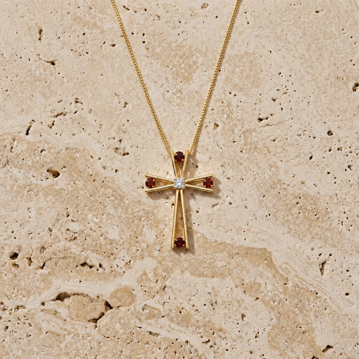Yellow Gold Abstract Cross Pendant Necklace Garnet 10K — Silvana