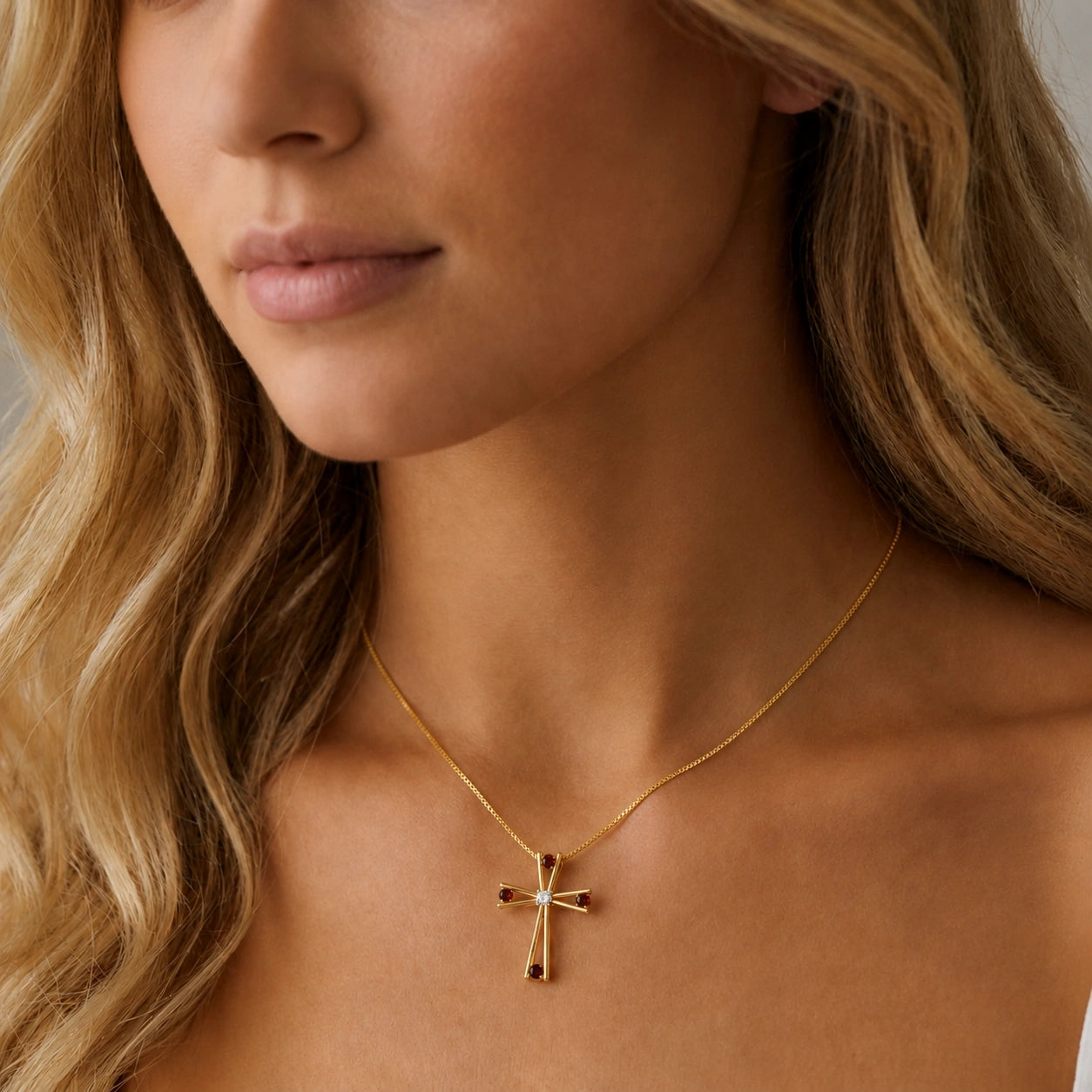 Yellow Gold Abstract Cross Pendant Necklace Garnet 10K — Silvana