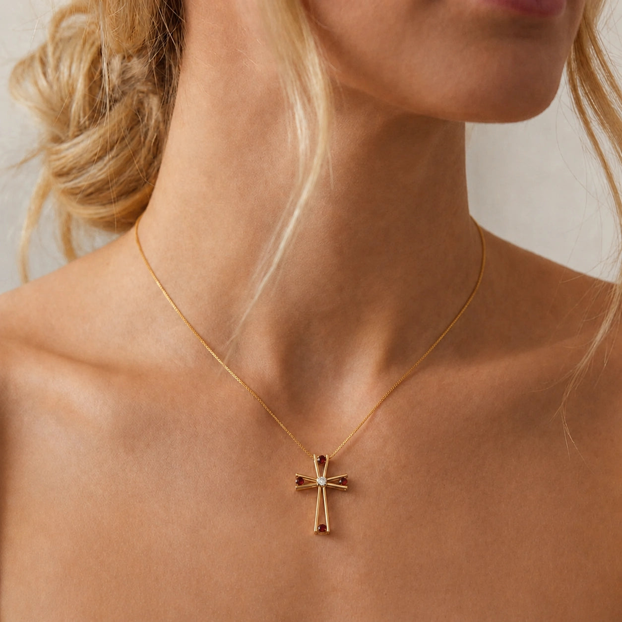 Yellow Gold Abstract Cross Pendant Necklace Garnet 10K — Silvana