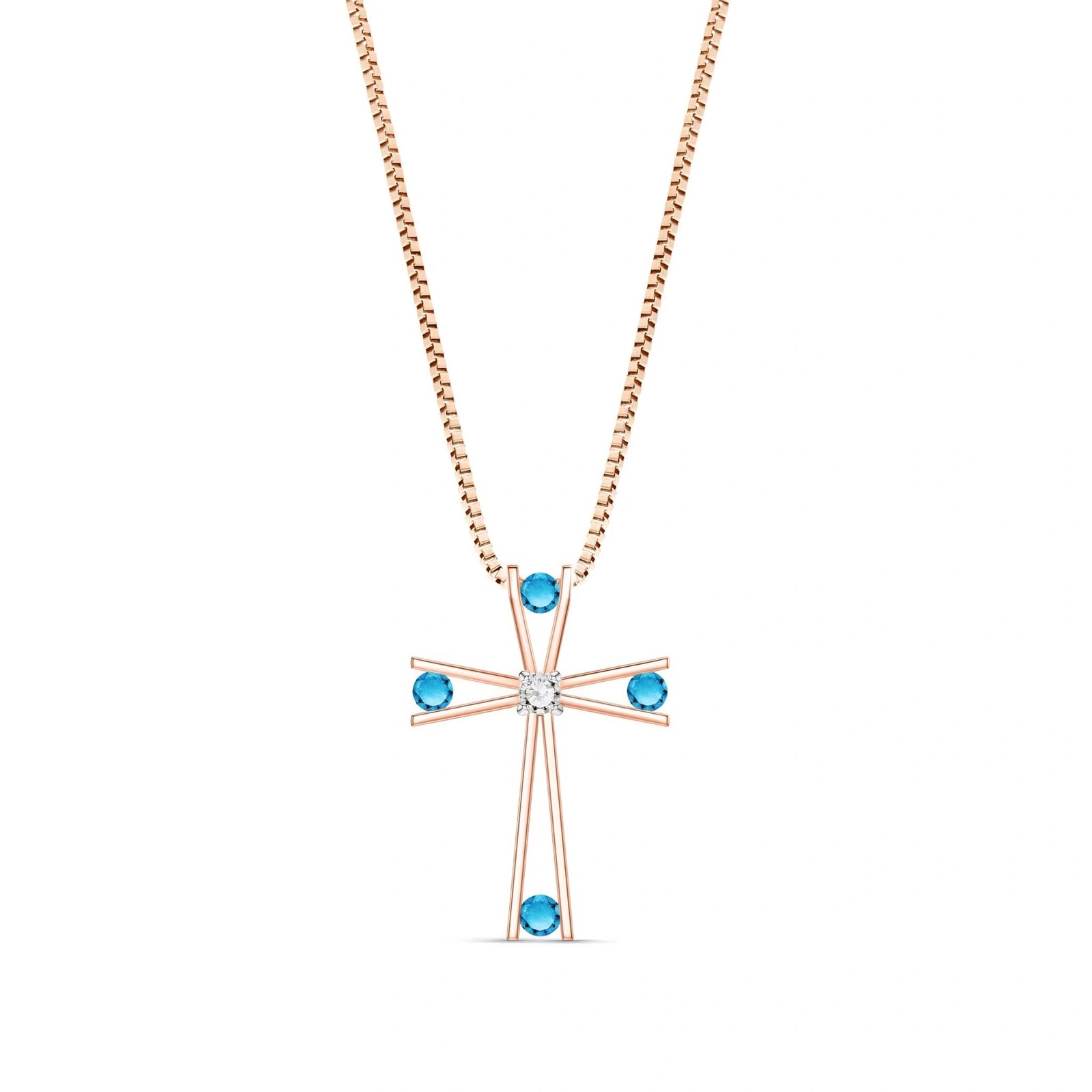 Rose Gold Abstract Cross Pendant Necklace Blue Topaz 10K — Silvana
