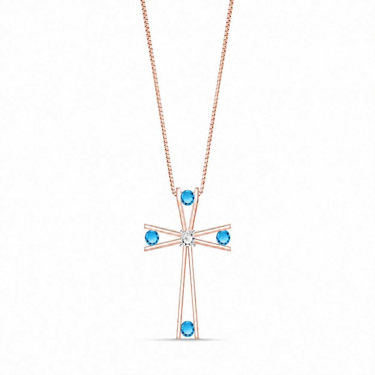 Rose Gold Abstract Cross Pendant Necklace Blue Topaz 10K — Silvana