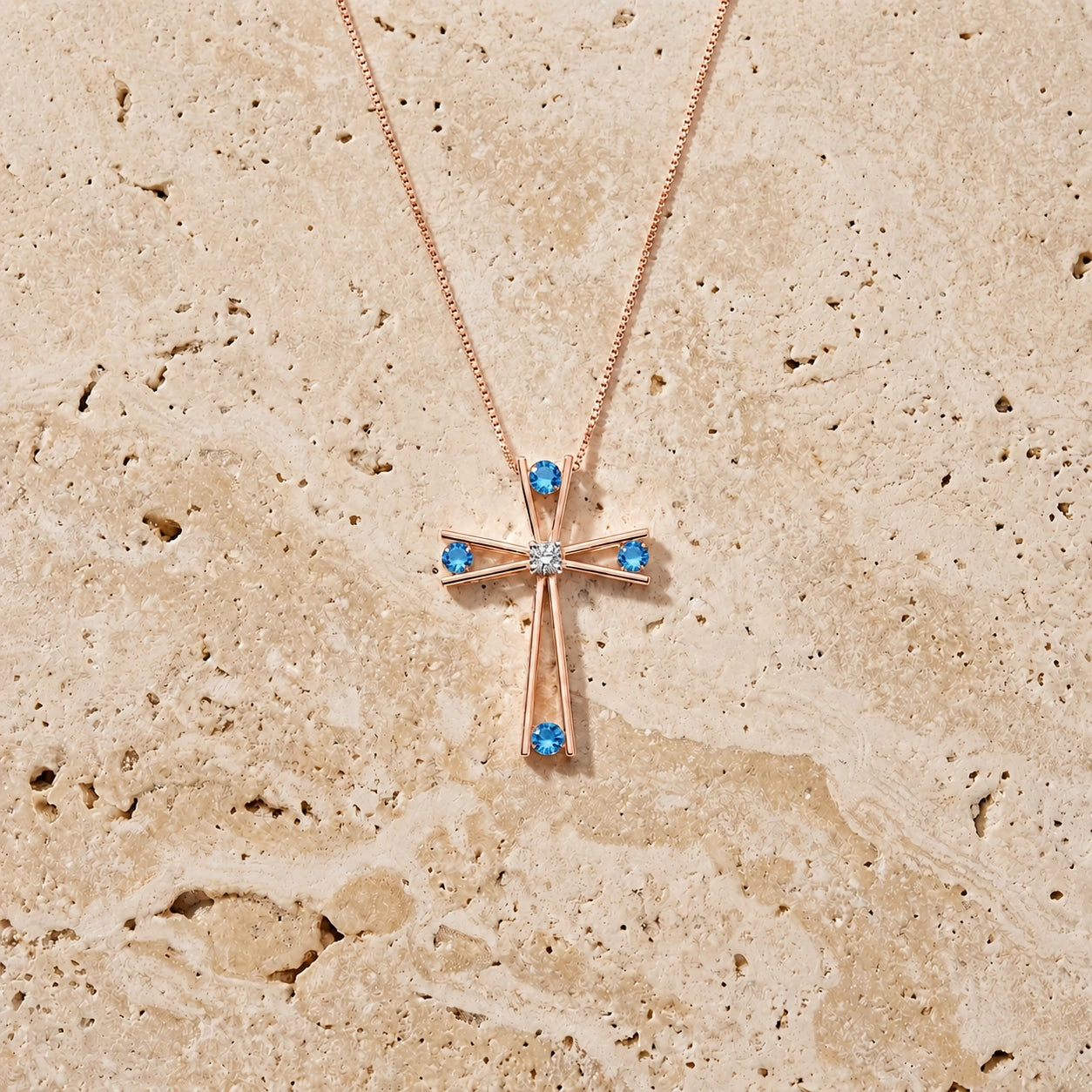 Rose Gold Abstract Cross Pendant Necklace Blue Topaz 10K — Silvana