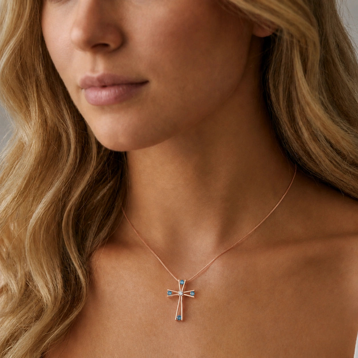Rose Gold Abstract Cross Pendant Necklace Blue Topaz 10K — Silvana