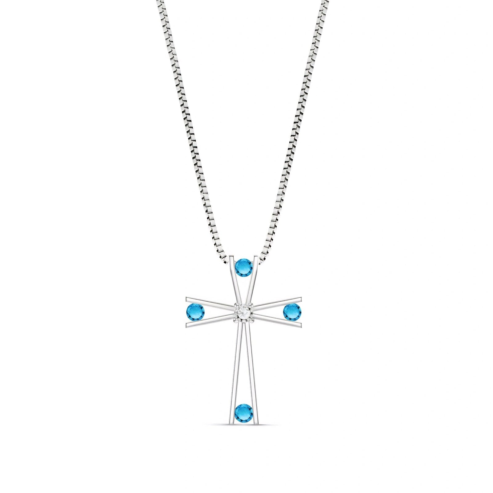 White Gold Abstract Cross Pendant Necklace Blue Topaz 10K — Silvana