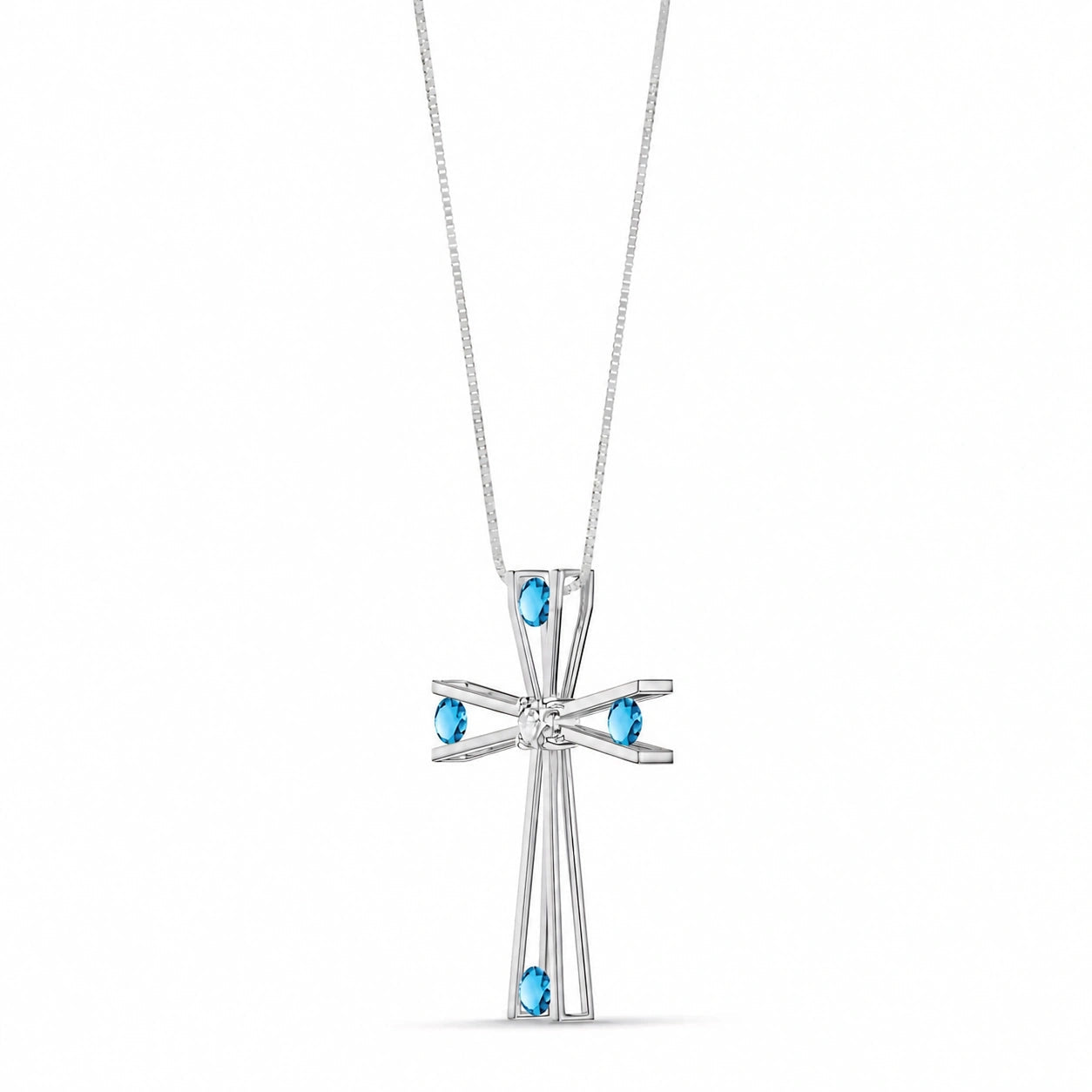 White Gold Abstract Cross Pendant Necklace Blue Topaz 10K — Silvana