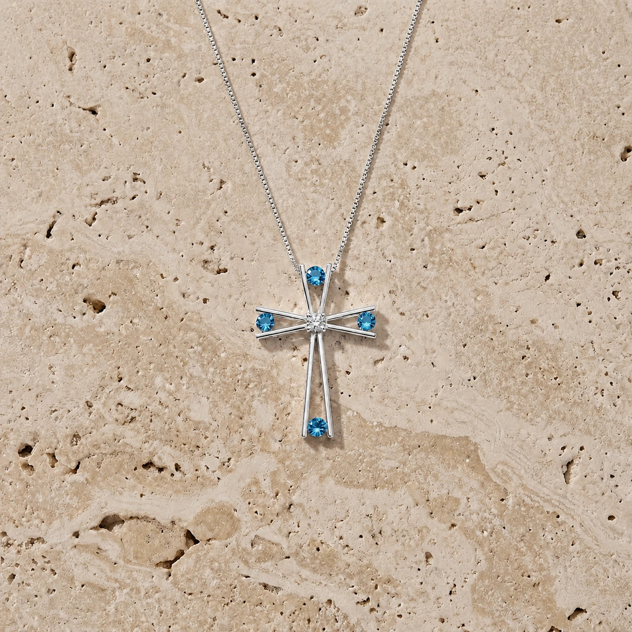 White Gold Abstract Cross Pendant Necklace Blue Topaz 10K — Silvana