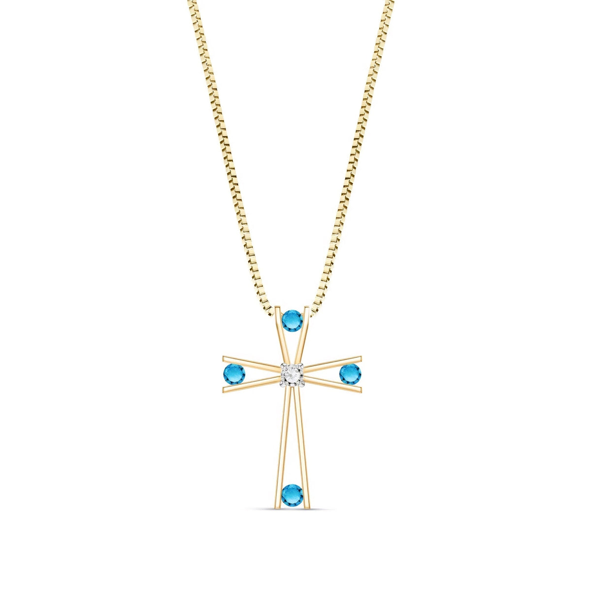 Yellow Gold Abstract Cross Pendant Necklace Blue Topaz 10K — Silvana