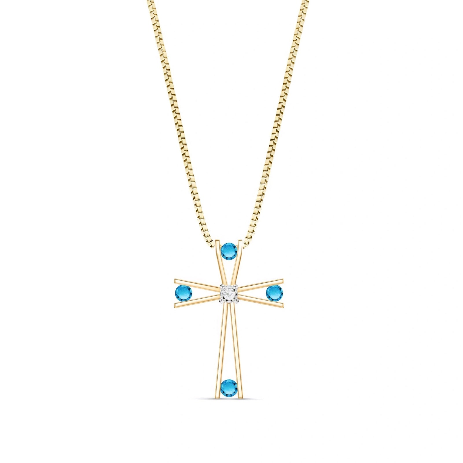 Yellow Gold Abstract Cross Pendant Necklace Blue Topaz 10K — Silvana
