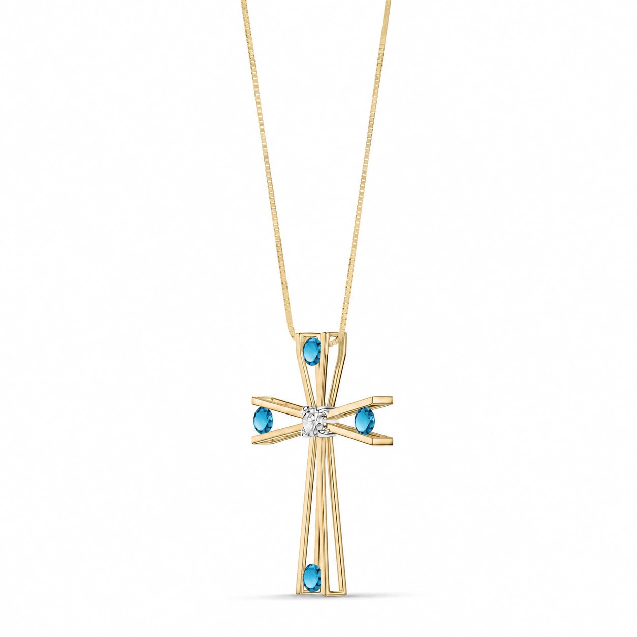 Yellow Gold Abstract Cross Pendant Necklace Blue Topaz 10K — Silvana