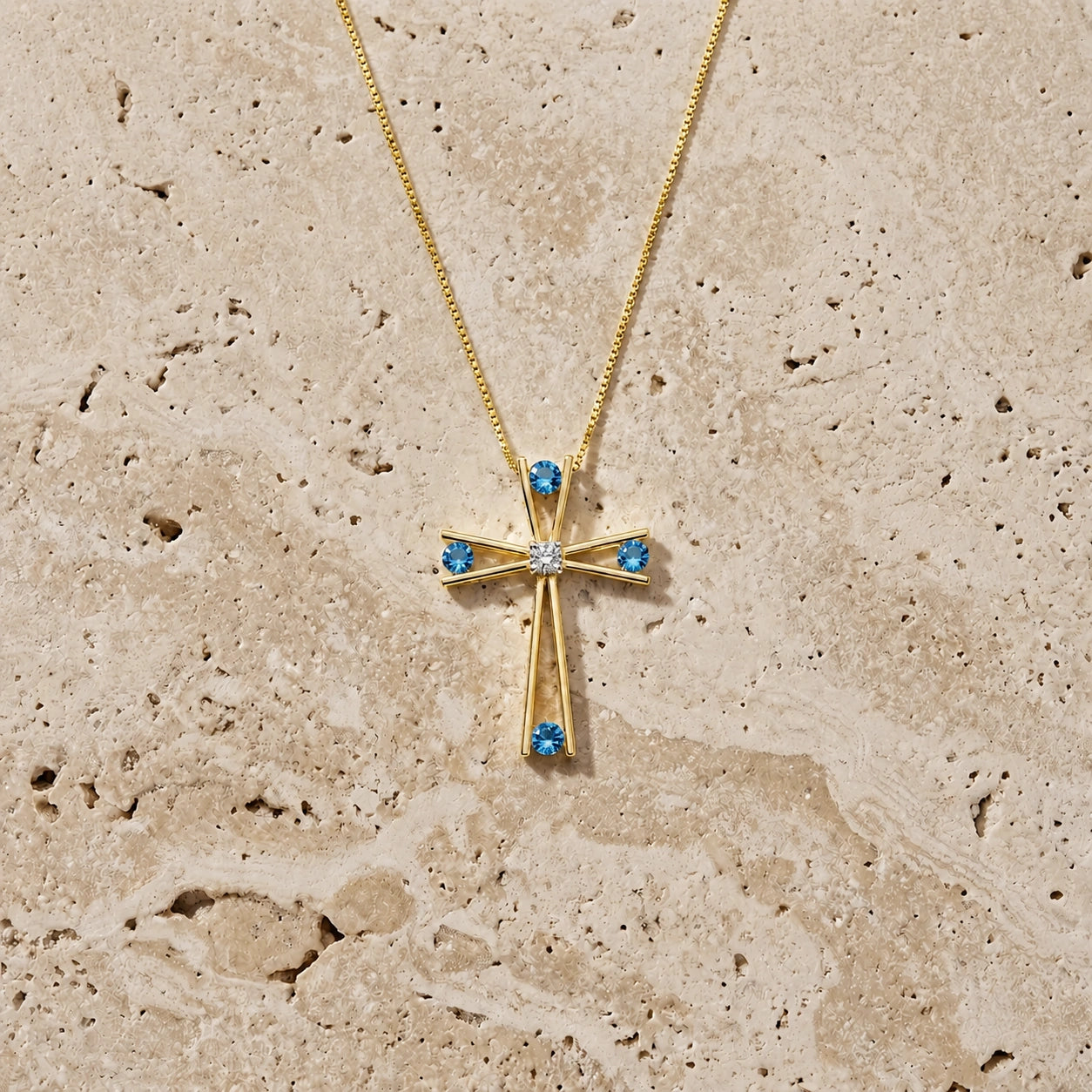 Yellow Gold Abstract Cross Pendant Necklace Blue Topaz 10K — Silvana