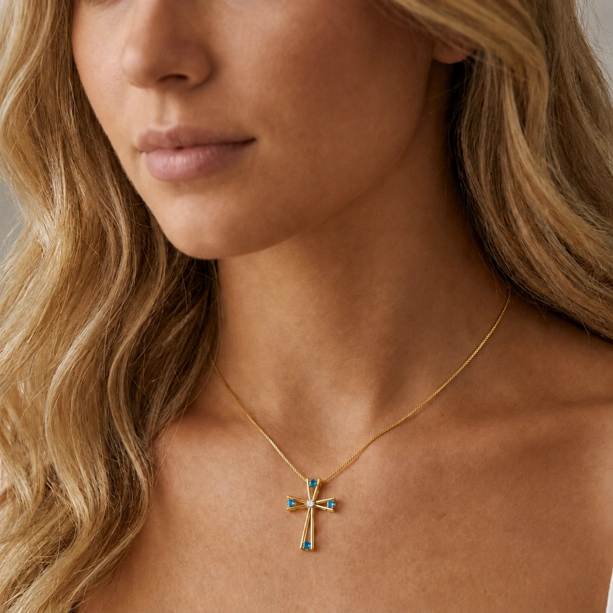 Yellow Gold Abstract Cross Pendant Necklace Blue Topaz 10K — Silvana
