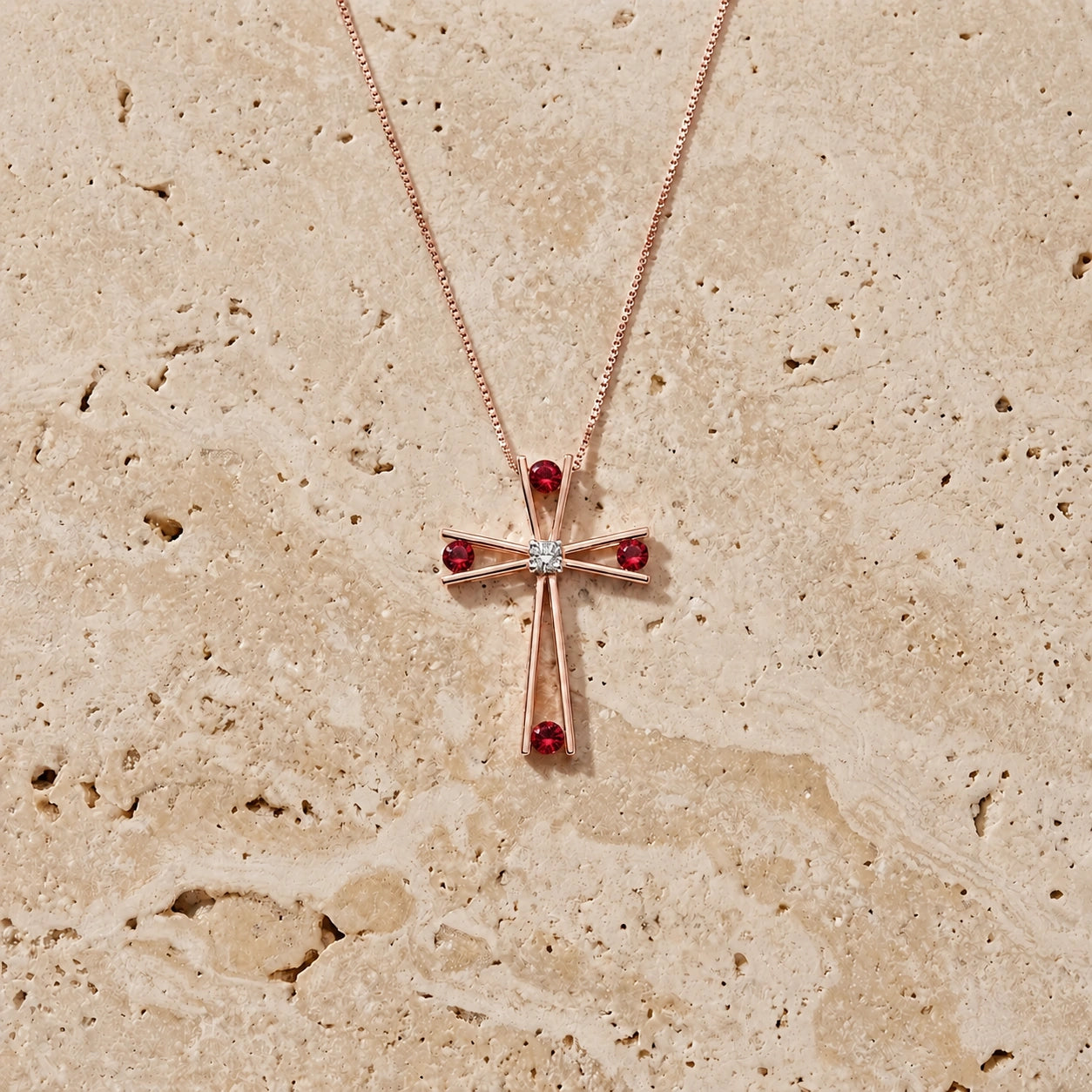 Rose Gold Abstract Cross Pendant Necklace Ruby 10K — Silvana