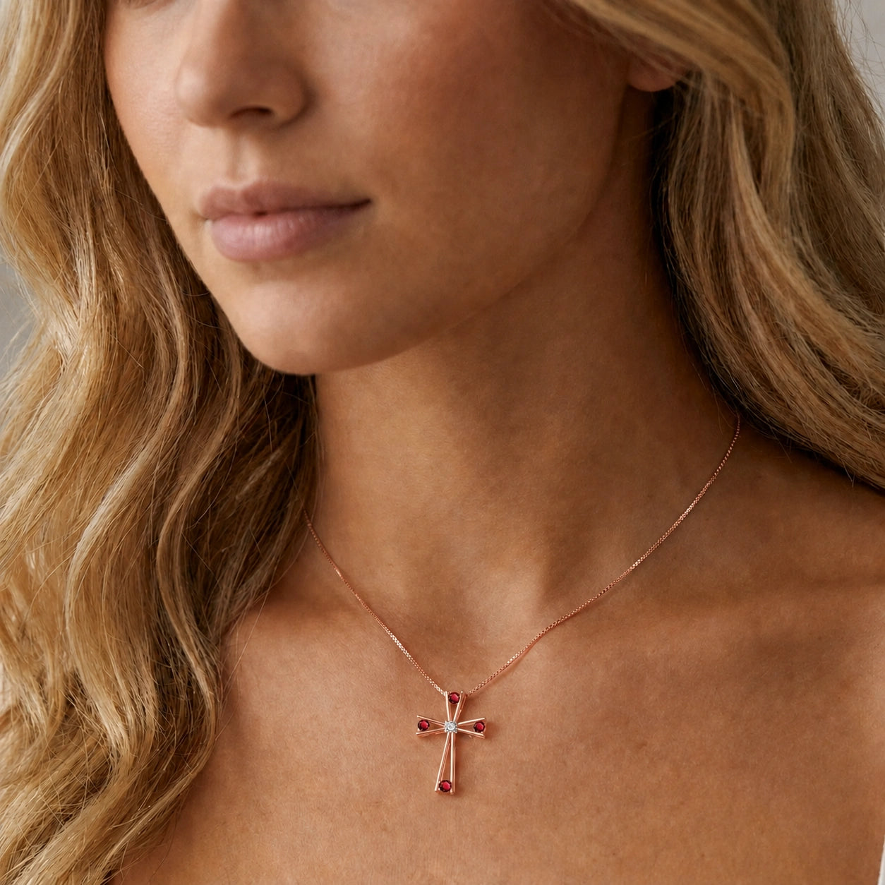 Rose Gold Abstract Cross Pendant Necklace Ruby 10K — Silvana
