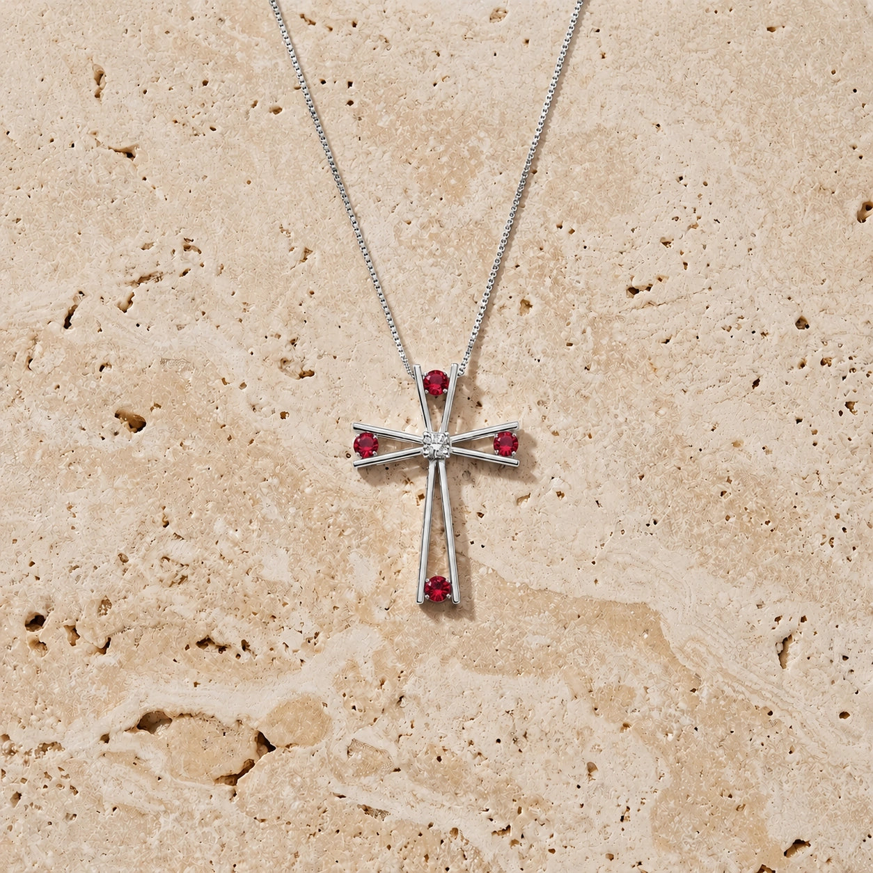 White Gold Abstract Cross Pendant Necklace Ruby 10K — Silvana