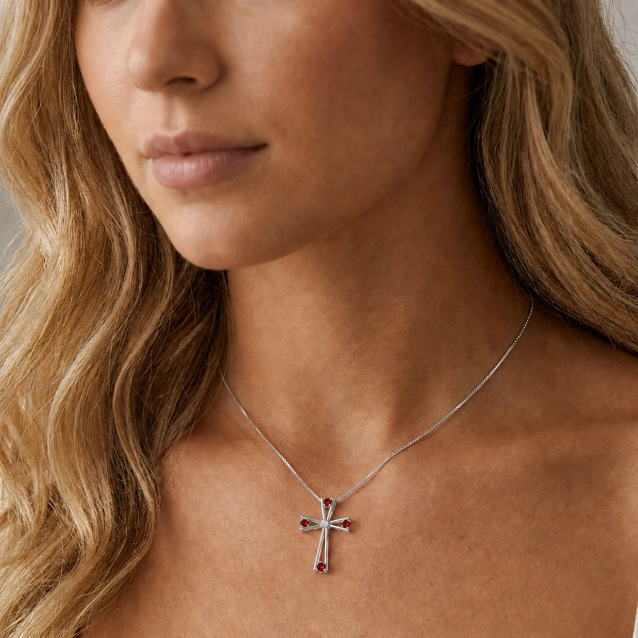 White Gold Abstract Cross Pendant Necklace Ruby 10K — Silvana