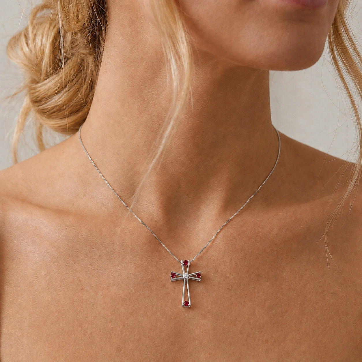 White Gold Abstract Cross Pendant Necklace Ruby 10K — Silvana
