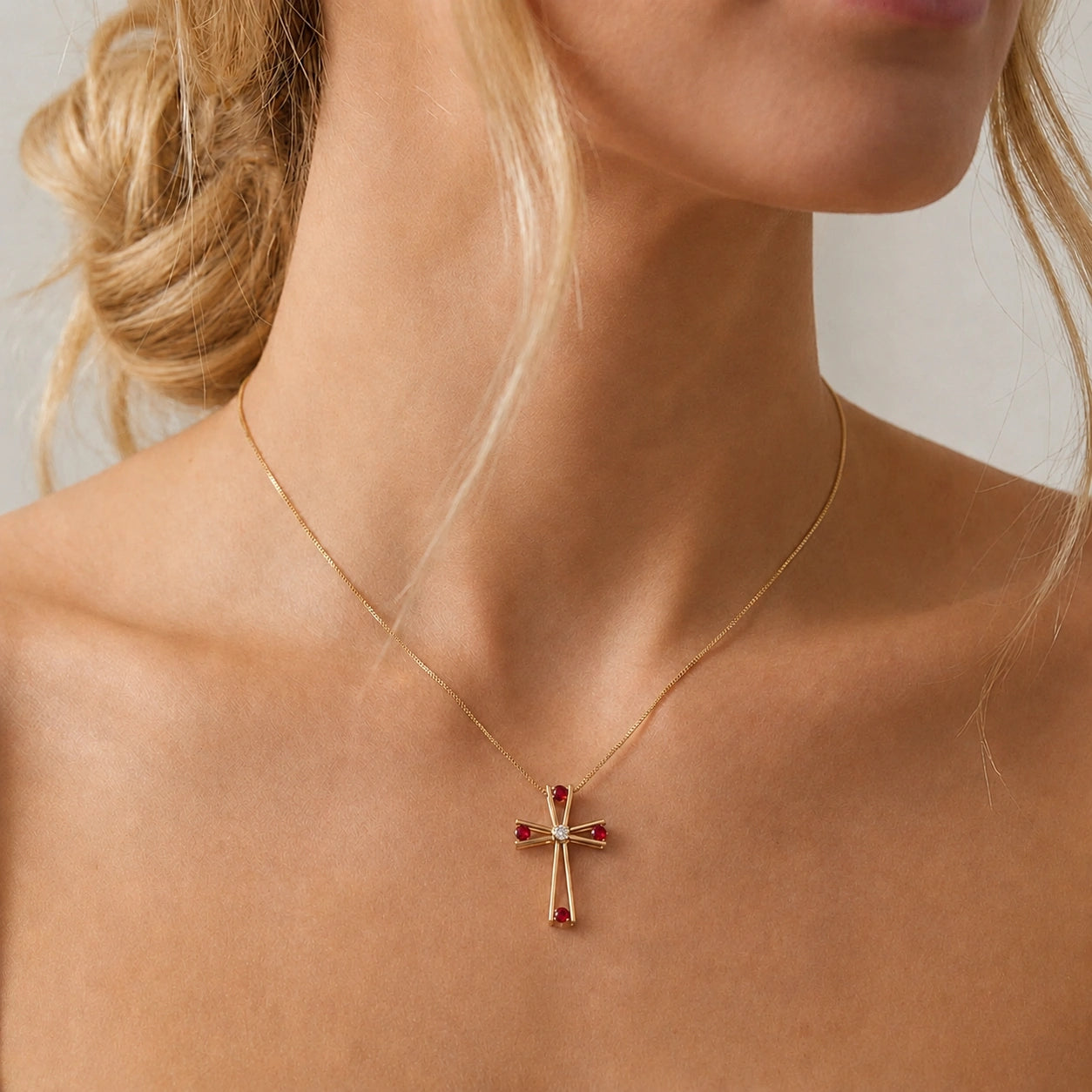 Yellow Gold Abstract Cross Pendant Necklace Ruby 10K — Silvana
