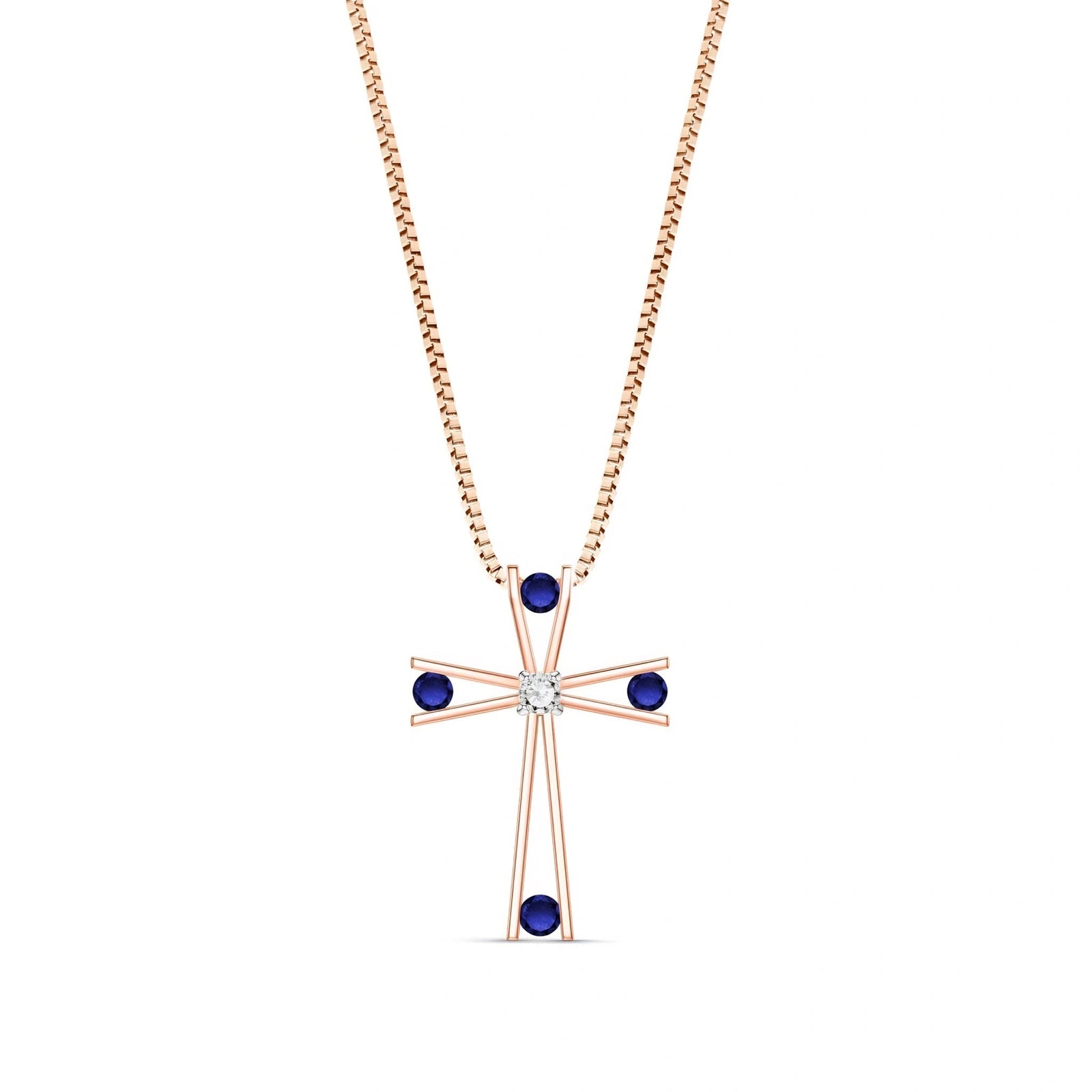 Rose Gold Abstract Cross Pendant Necklace Sapphire 10K — Silvana