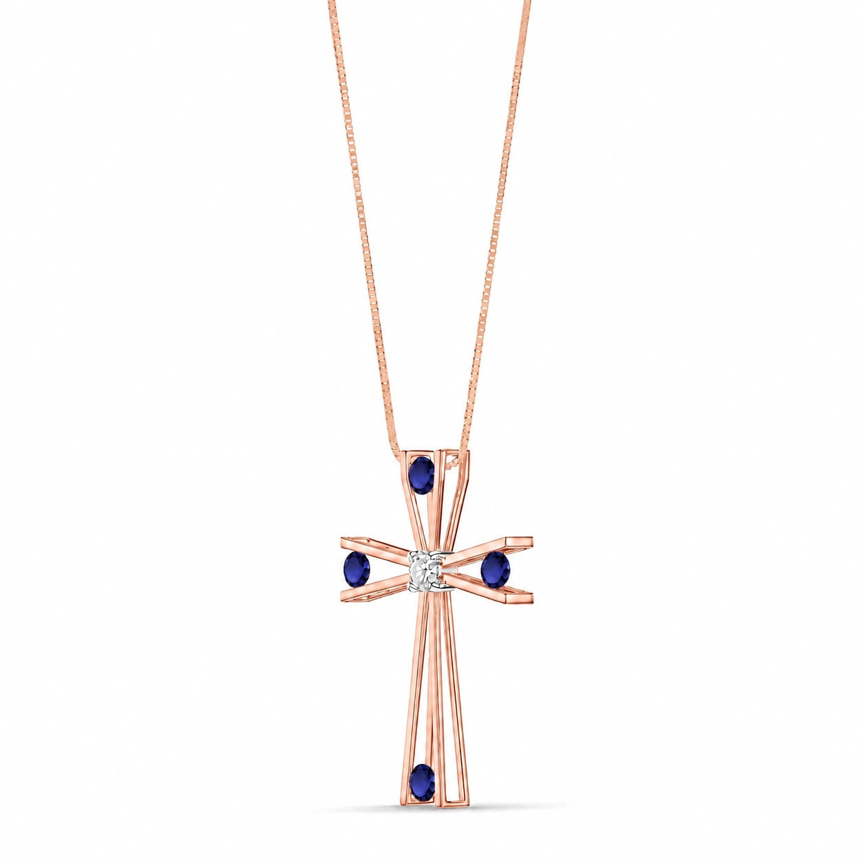 Rose Gold Abstract Cross Pendant Necklace Sapphire 10K — Silvana