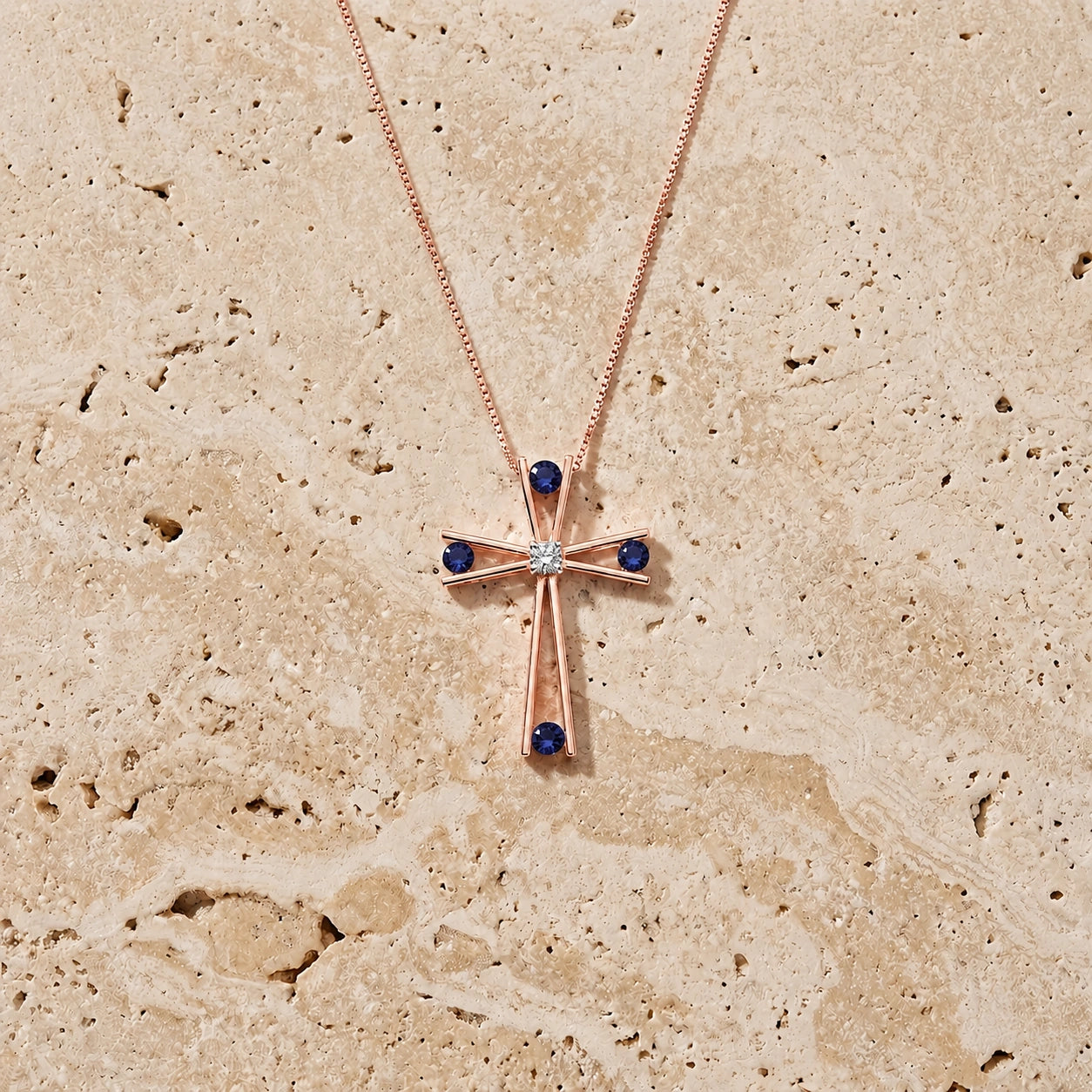 Rose Gold Abstract Cross Pendant Necklace Sapphire 10K — Silvana
