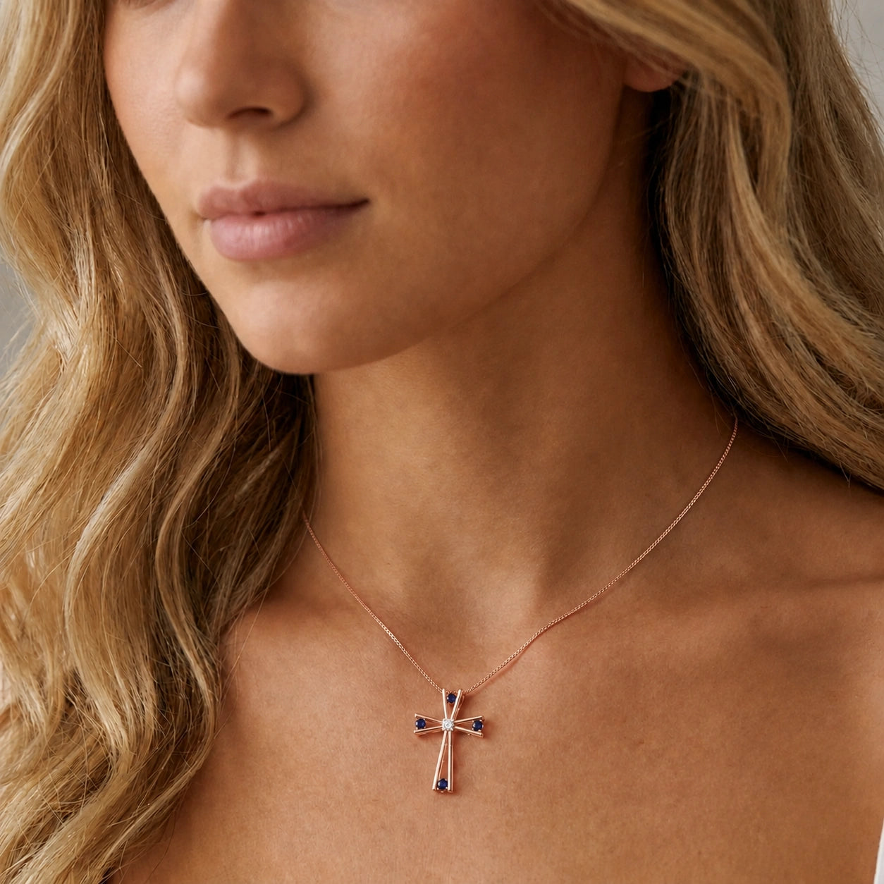Rose Gold Abstract Cross Pendant Necklace Sapphire 10K — Silvana
