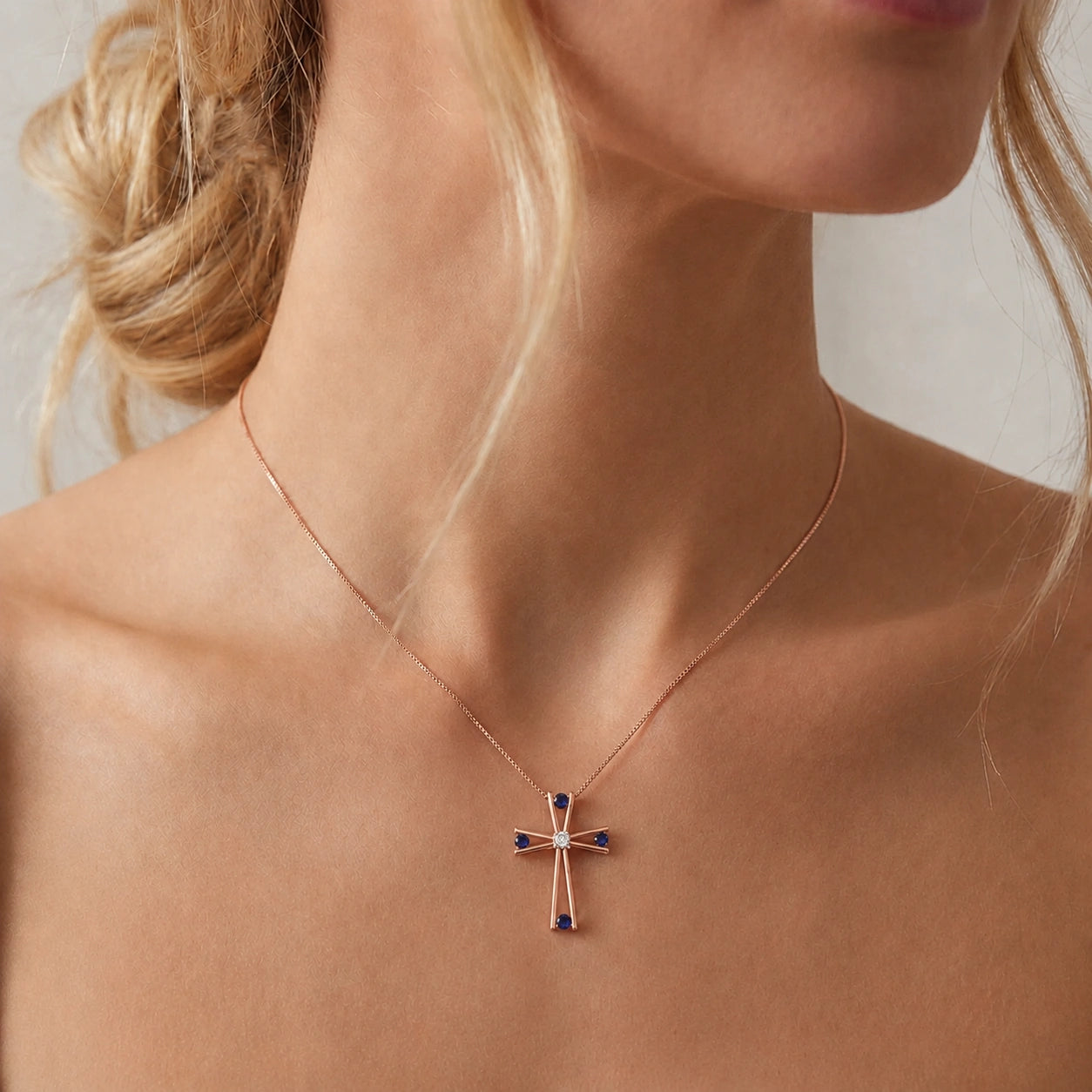 Rose Gold Abstract Cross Pendant Necklace Sapphire 10K — Silvana