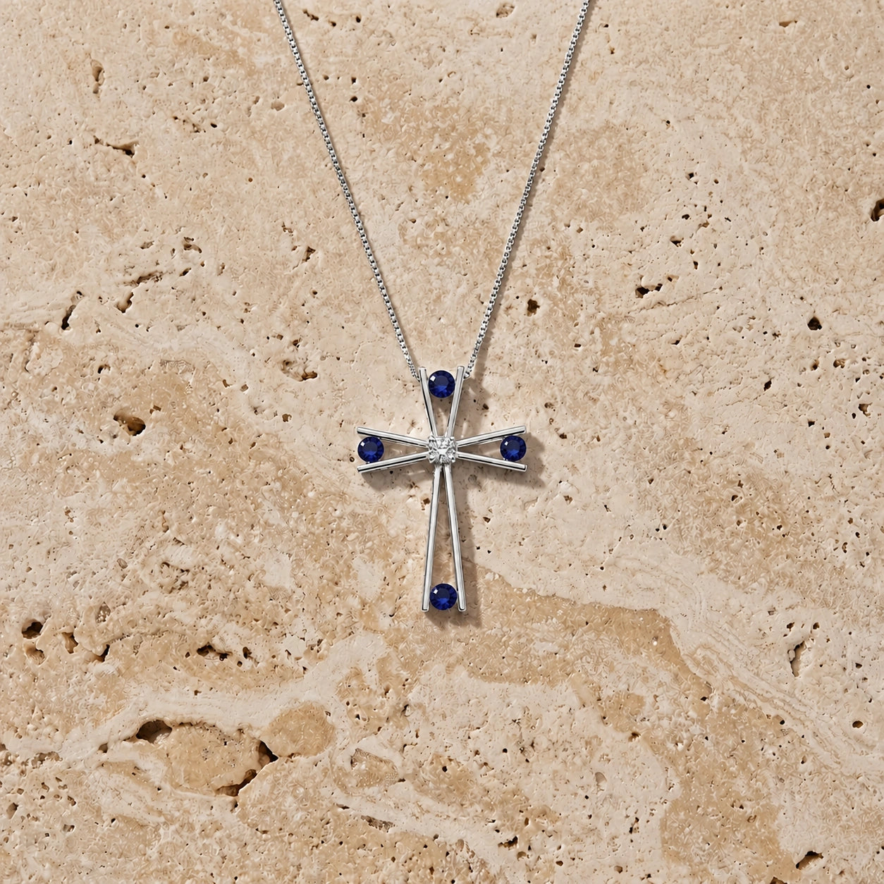 White Gold Abstract Cross Pendant Necklace Sapphire 10K — Silvana