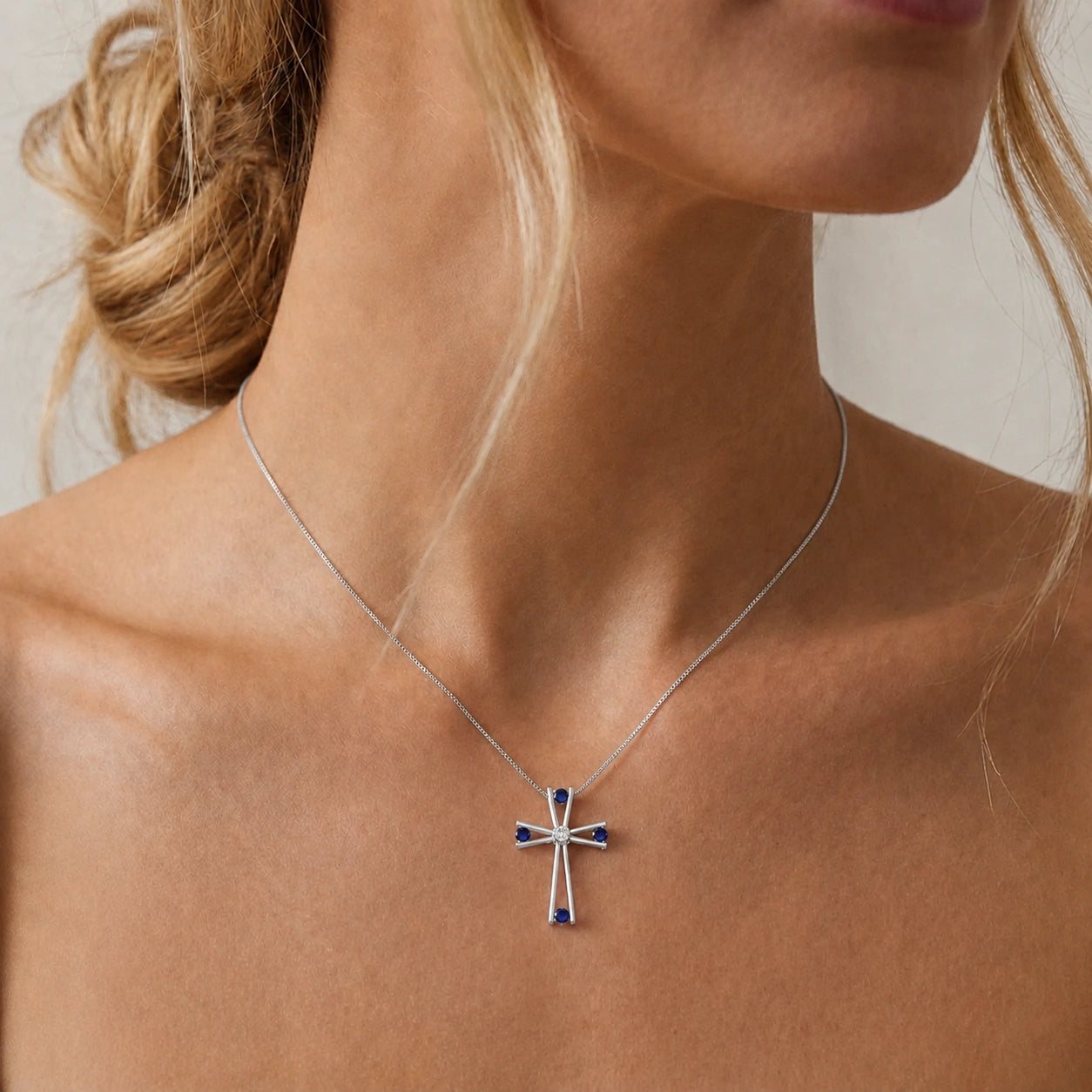 White Gold Abstract Cross Pendant Necklace Sapphire 10K — Silvana