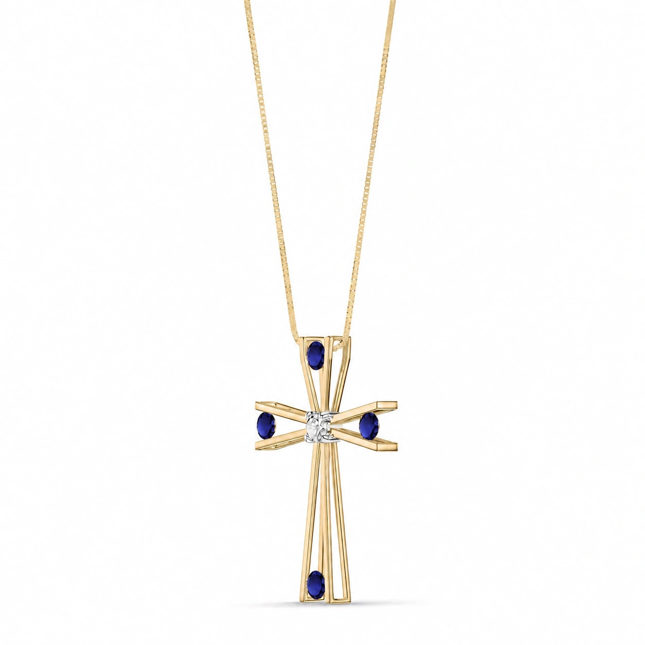 Yellow Gold Abstract Cross Pendant Necklace Sapphire 10K — Silvana