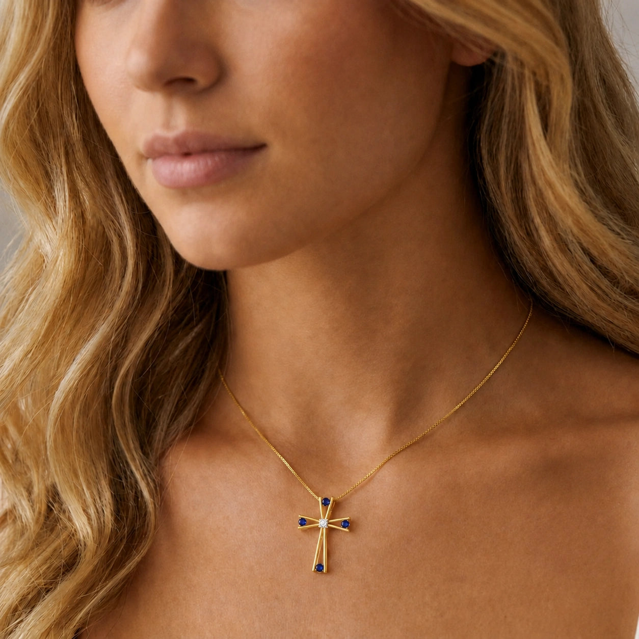 Yellow Gold Abstract Cross Pendant Necklace Sapphire 10K — Silvana