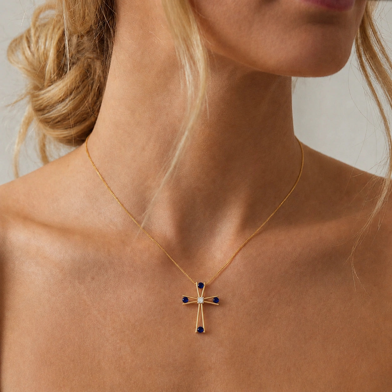 Yellow Gold Abstract Cross Pendant Necklace Sapphire 10K — Silvana