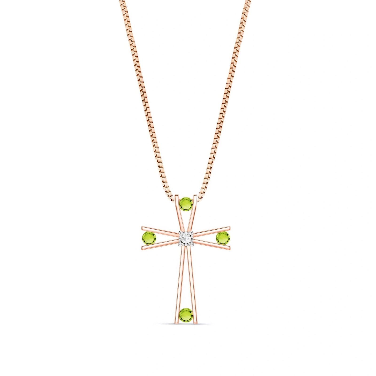 Rose Gold Abstract Cross Pendant Necklace Peridot 10K — Silvana