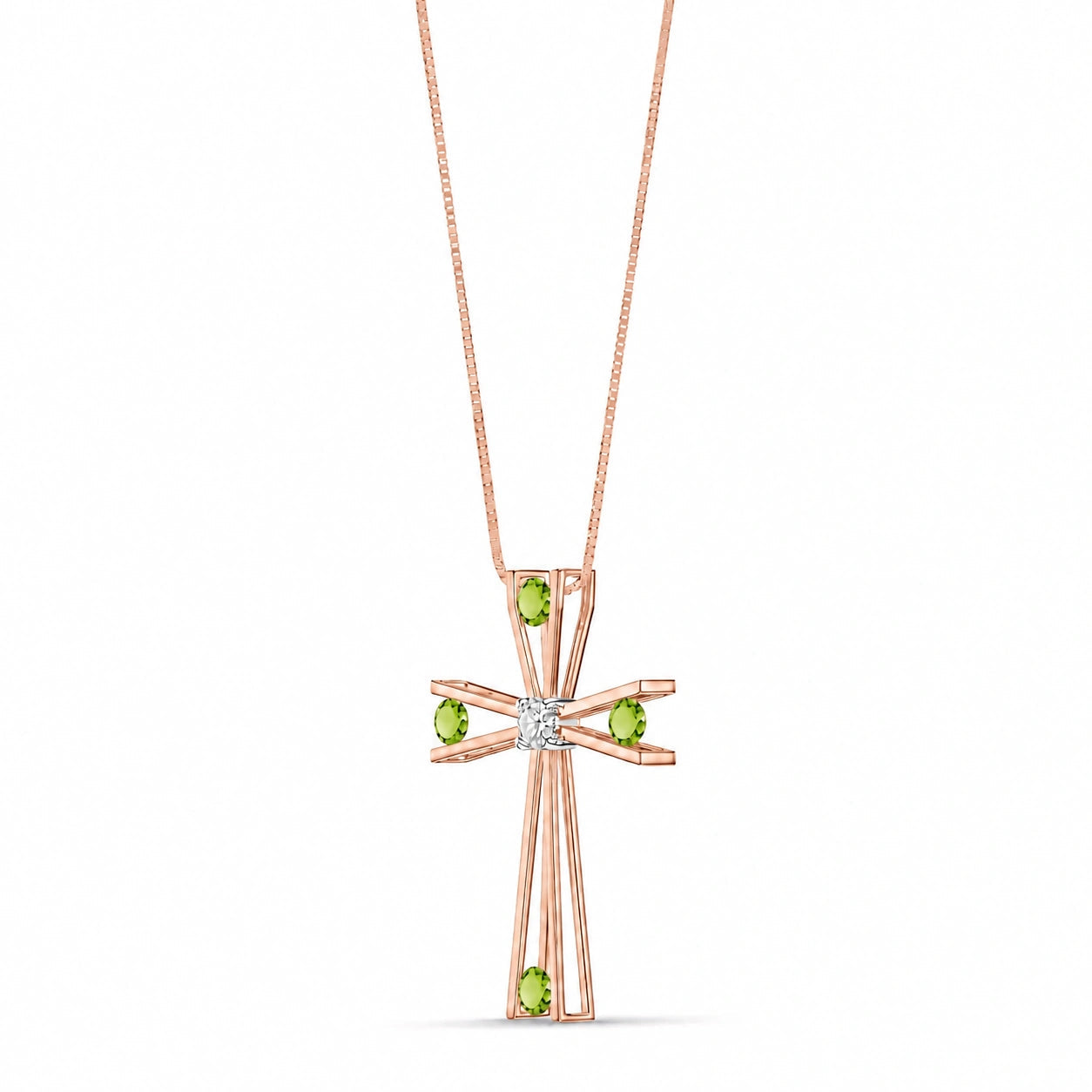 Rose Gold Abstract Cross Pendant Necklace Peridot 10K — Silvana