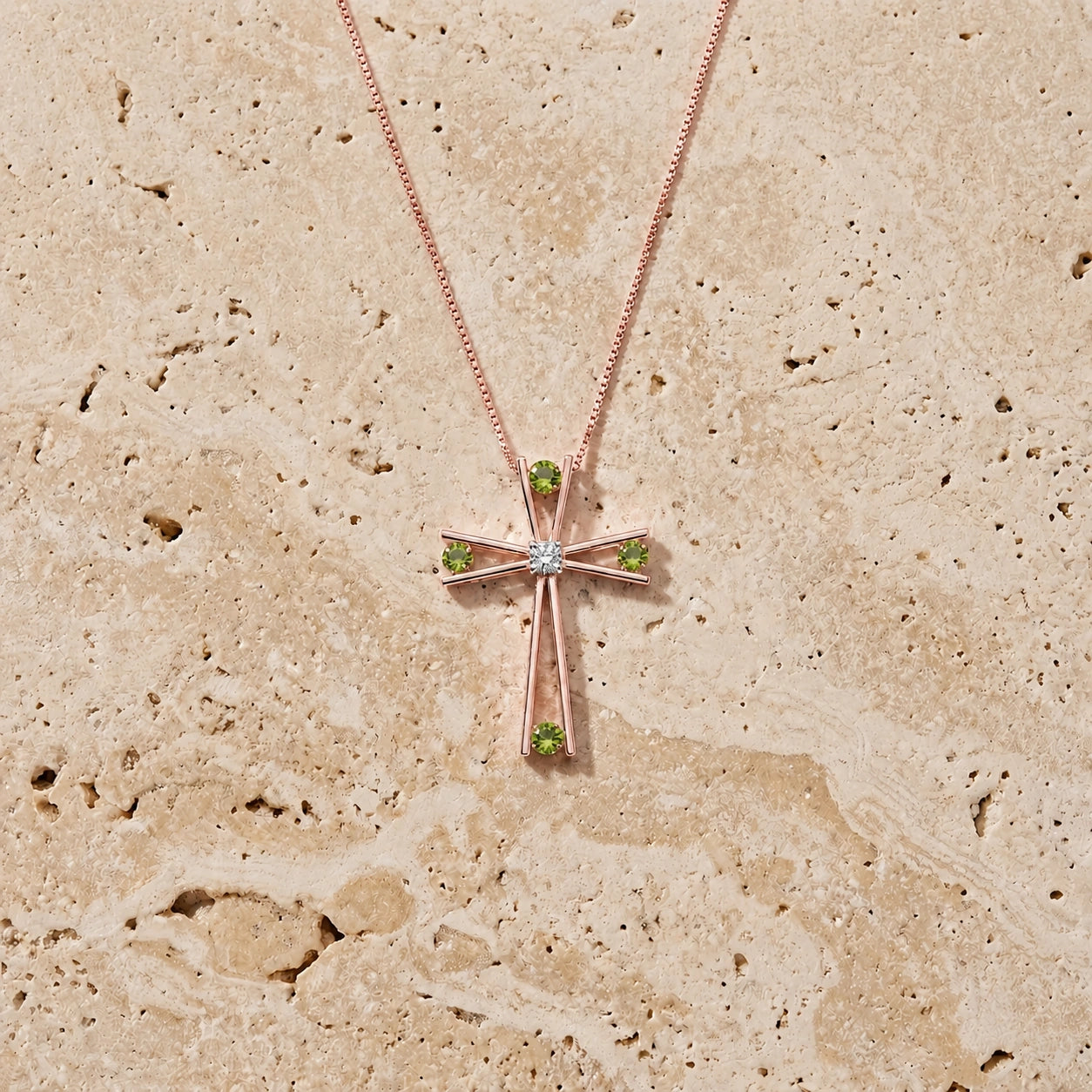 Rose Gold Abstract Cross Pendant Necklace Peridot 10K — Silvana