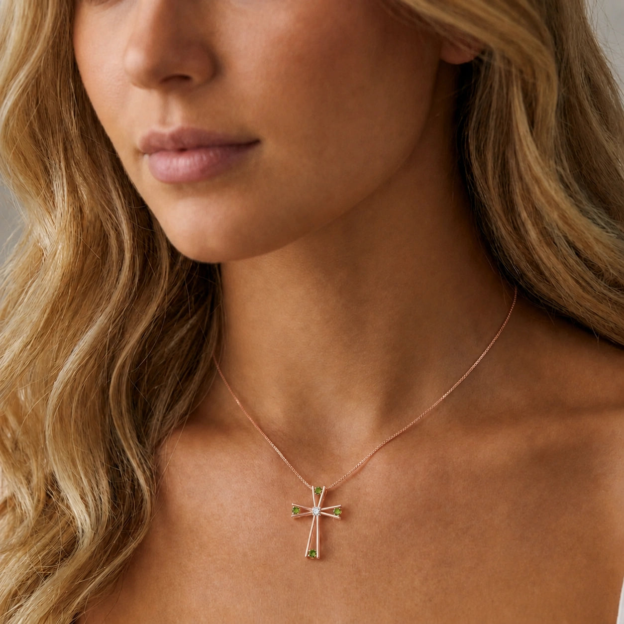 Rose Gold Abstract Cross Pendant Necklace Peridot 10K — Silvana