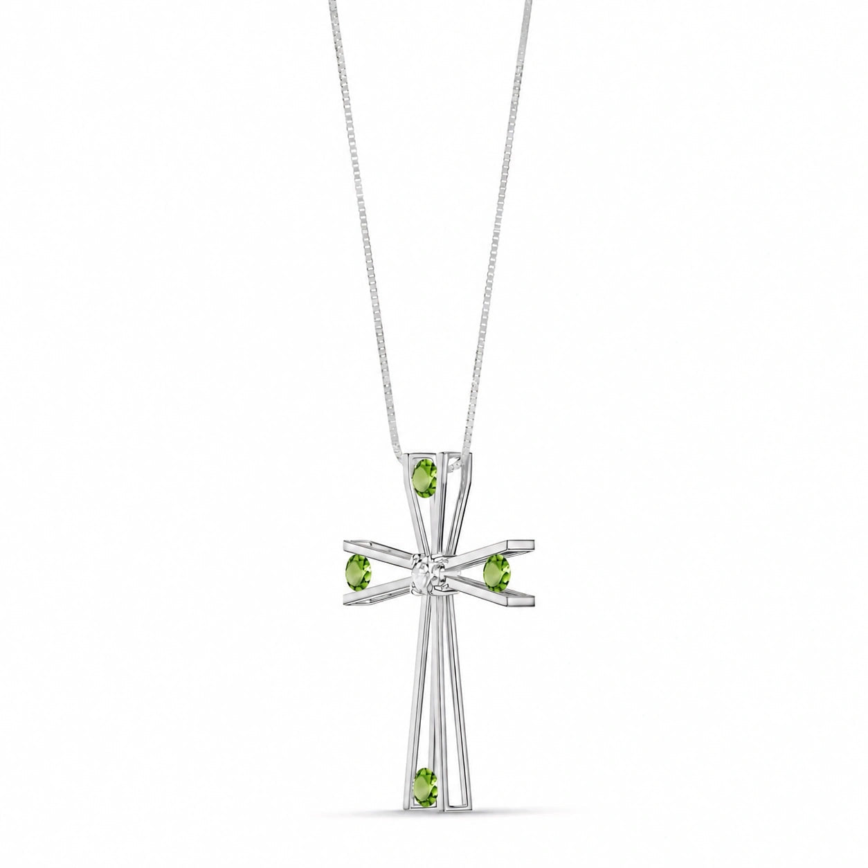 White Gold Abstract Cross Pendant Necklace Peridot 10K — Silvana