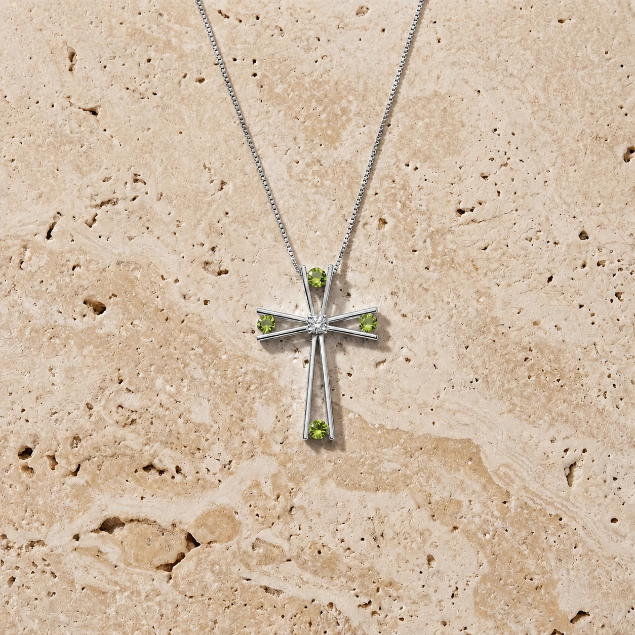 White Gold Abstract Cross Pendant Necklace Peridot 10K — Silvana